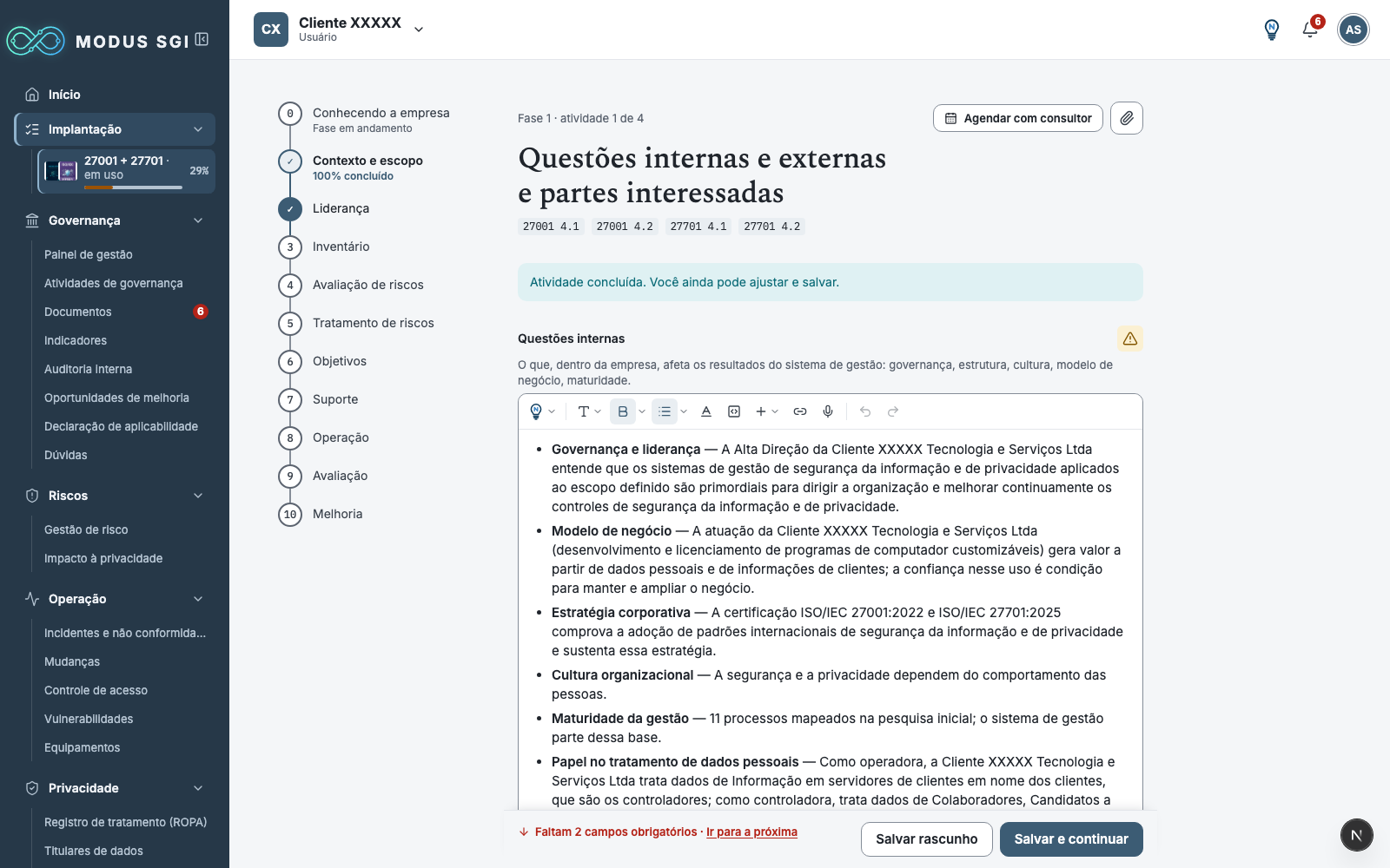 Atividade da implantação com texto redigido pelo Nexo, barra de progresso e aviso de campos obrigatórios