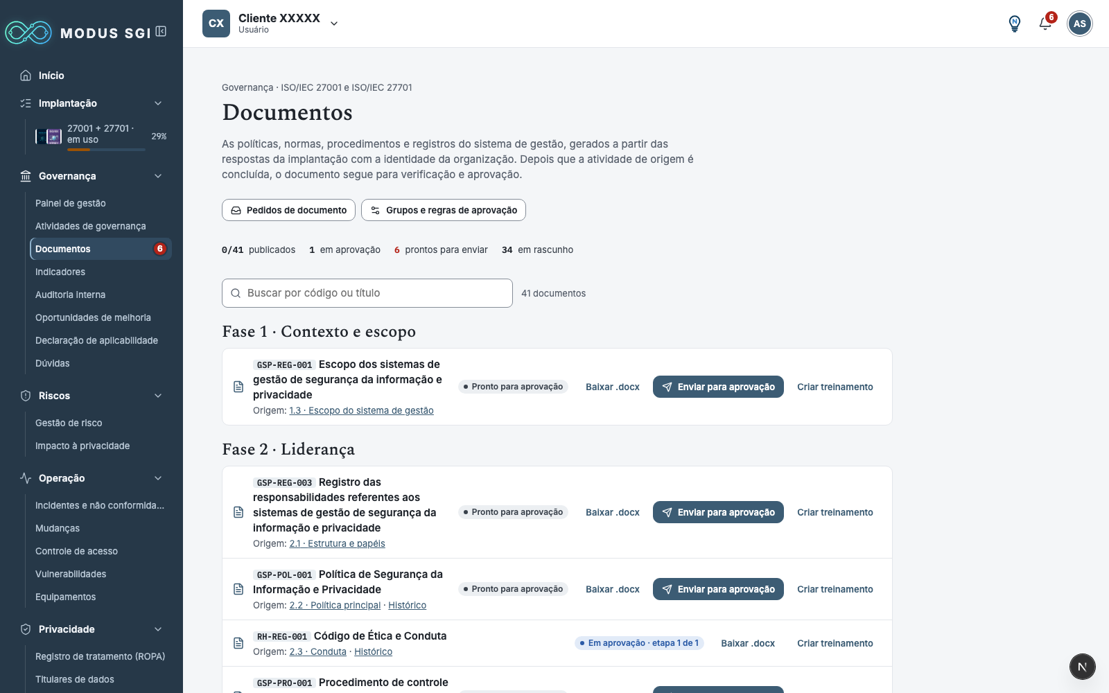 Lista de documentos com situação de aprovação
